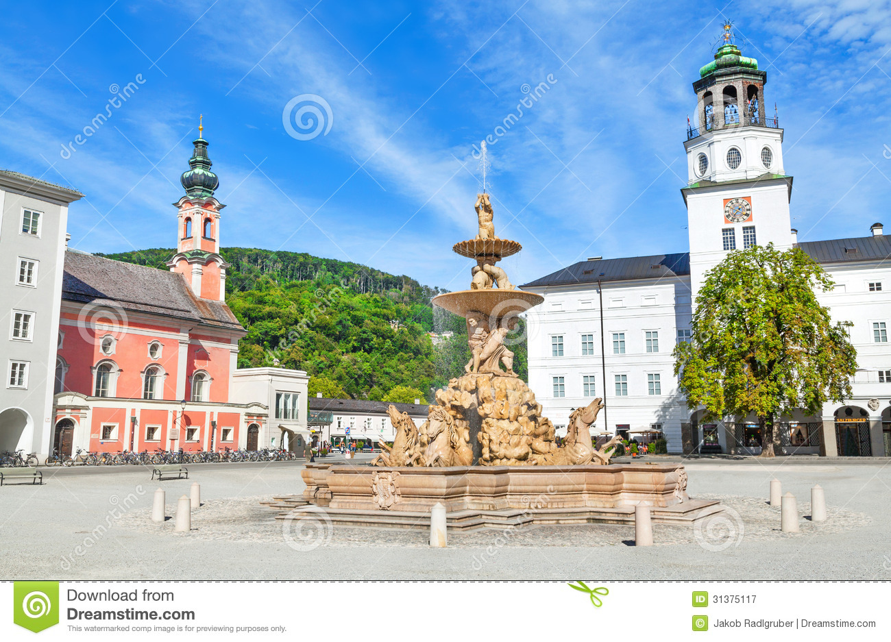 Beautiful View Of Residenzplatz With Famous Residenzbrunnen In.