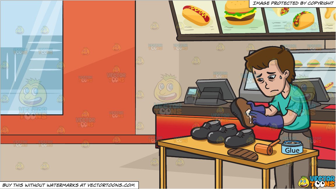 A Sad Looking Shoemaker and Inside A Fast Food Restaurant Background.
