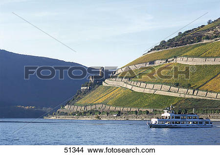 Stock Photo of Excursion boat in river, Rhine River, Ehrenfels.