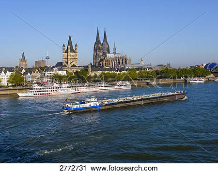 Stock Photography of Boat sailing in river, Rhine River, Cologne.