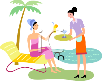 Maid Serving Drinks to a Wealthy Woman By the Pool.