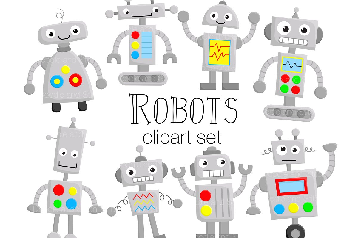 Cute Robots Clipart Illustrations.