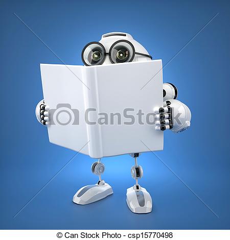 Stock Illustration of Android robot reading book. Rendered over.
