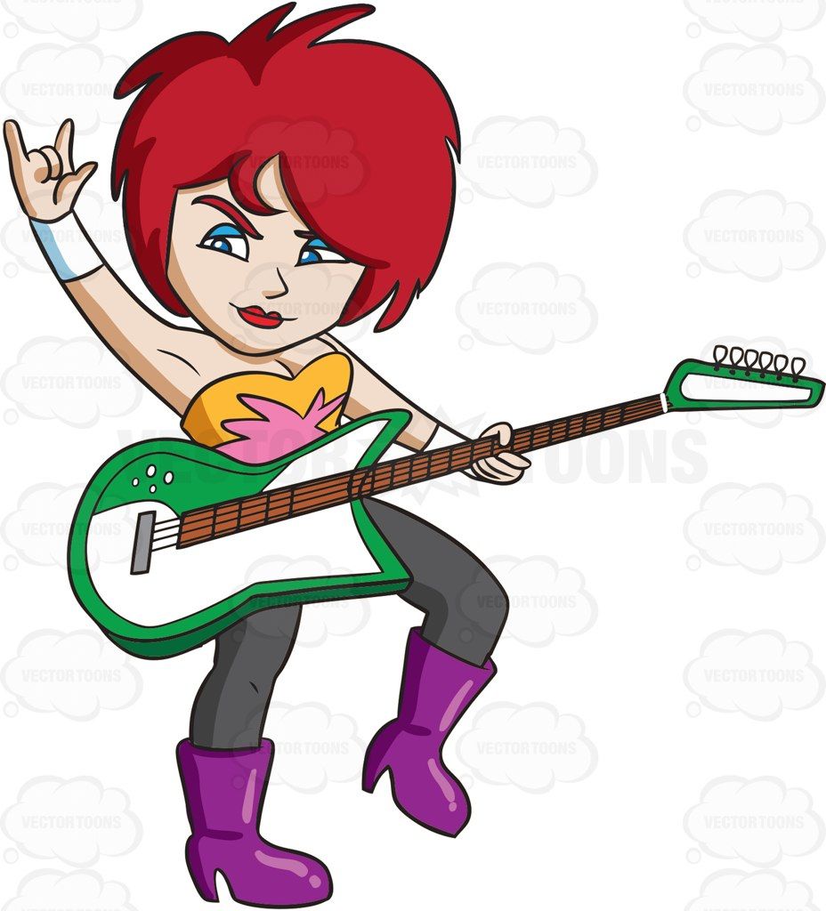 A female rocker playing a green electric guitar #cartoon.