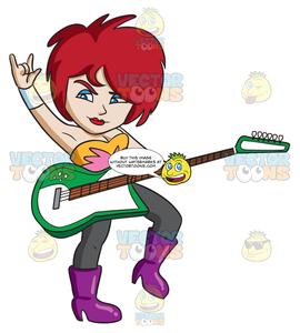 A Female Rocker Playing A Green Electric Guitar.