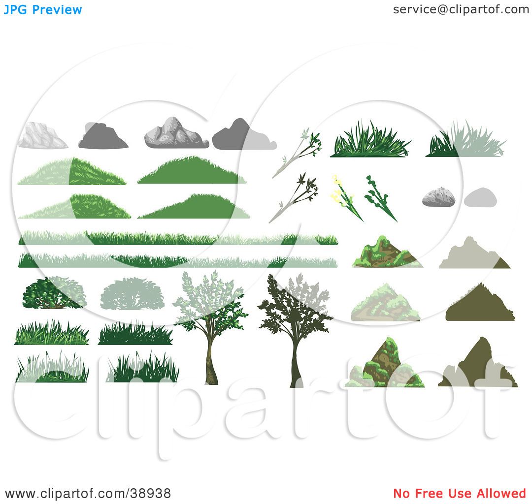 Clipart Illustration of Boulders, Rocks, Grass, Plants And Trees.