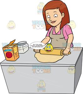 A Woman Flattening A Dough With A Rolling Pin.