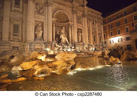 Stock Photography of Trevi Fountain Overview Night Rome Italy.