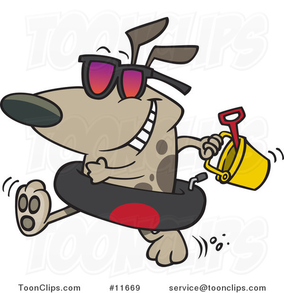 Cartoon Beach Dog With An Inner Tube And Toys 11669 By Ron.