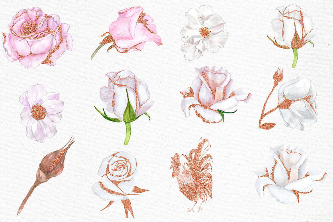 Rose Gold watercolor flowers clipart.