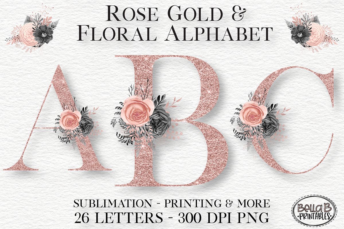 Rose Gold Glitter Floral Alphabet Set, Alphabet Clipart.