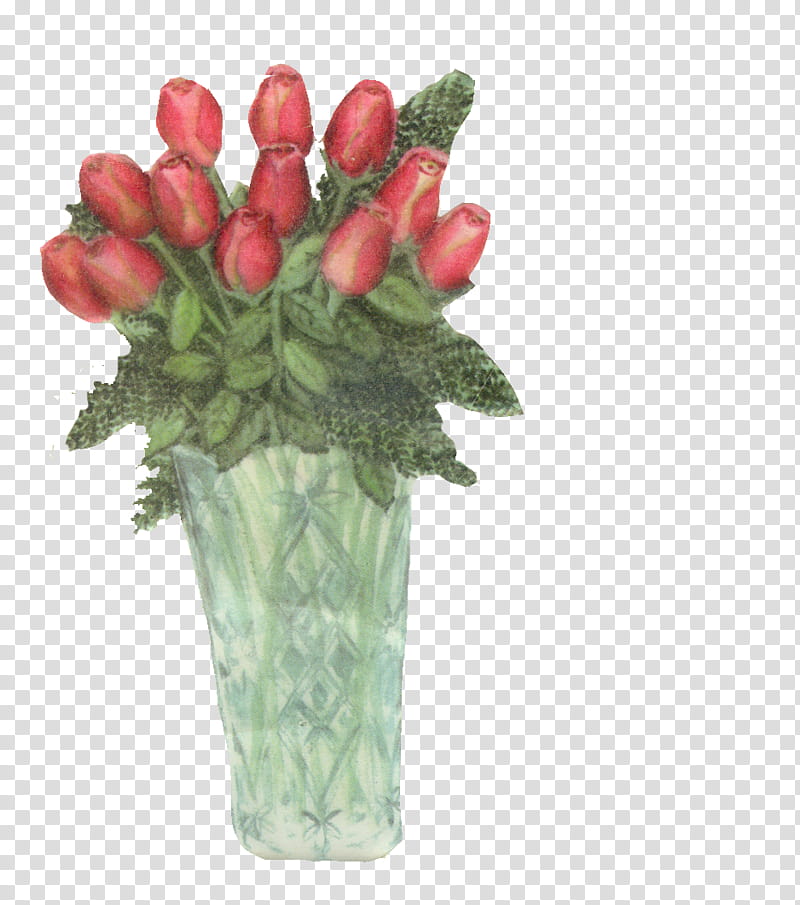 Vintage valentines clips, red rose flowers in clear vase art.