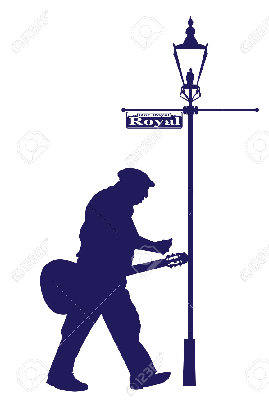 Vector Royal Street Old Musician With Acoustic Guitar Silhouette.