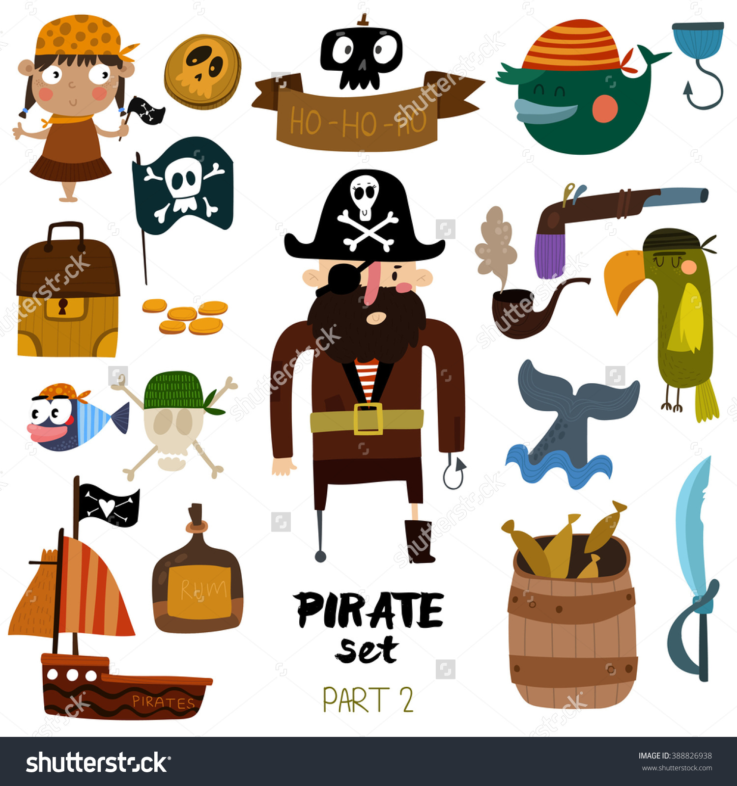 Vector Set Pirate Items Pirate Ship Stock Vector 388826938.