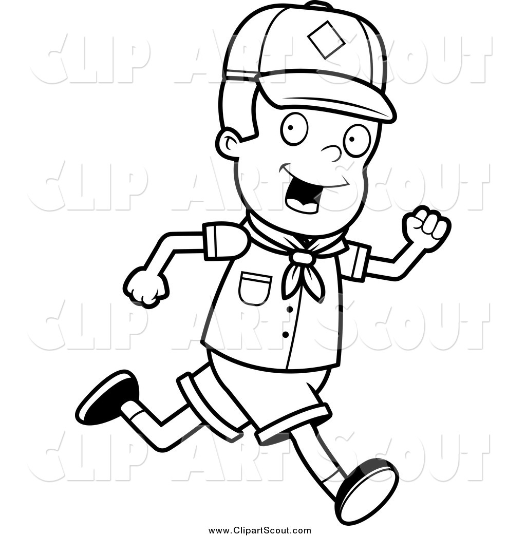 Clipart of a Black and White Happy Cub Scout Boy Running by.