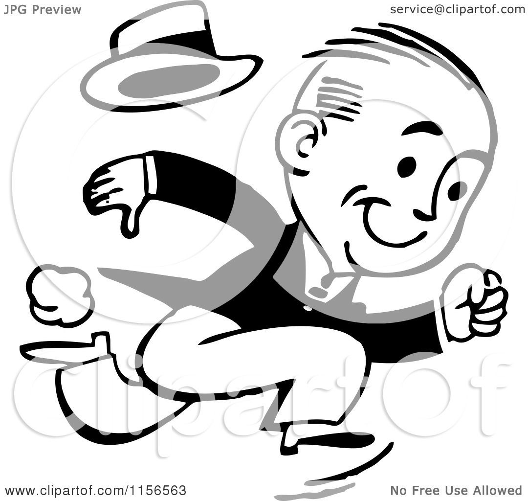 Clipart of a Black and White Retro Man Running.