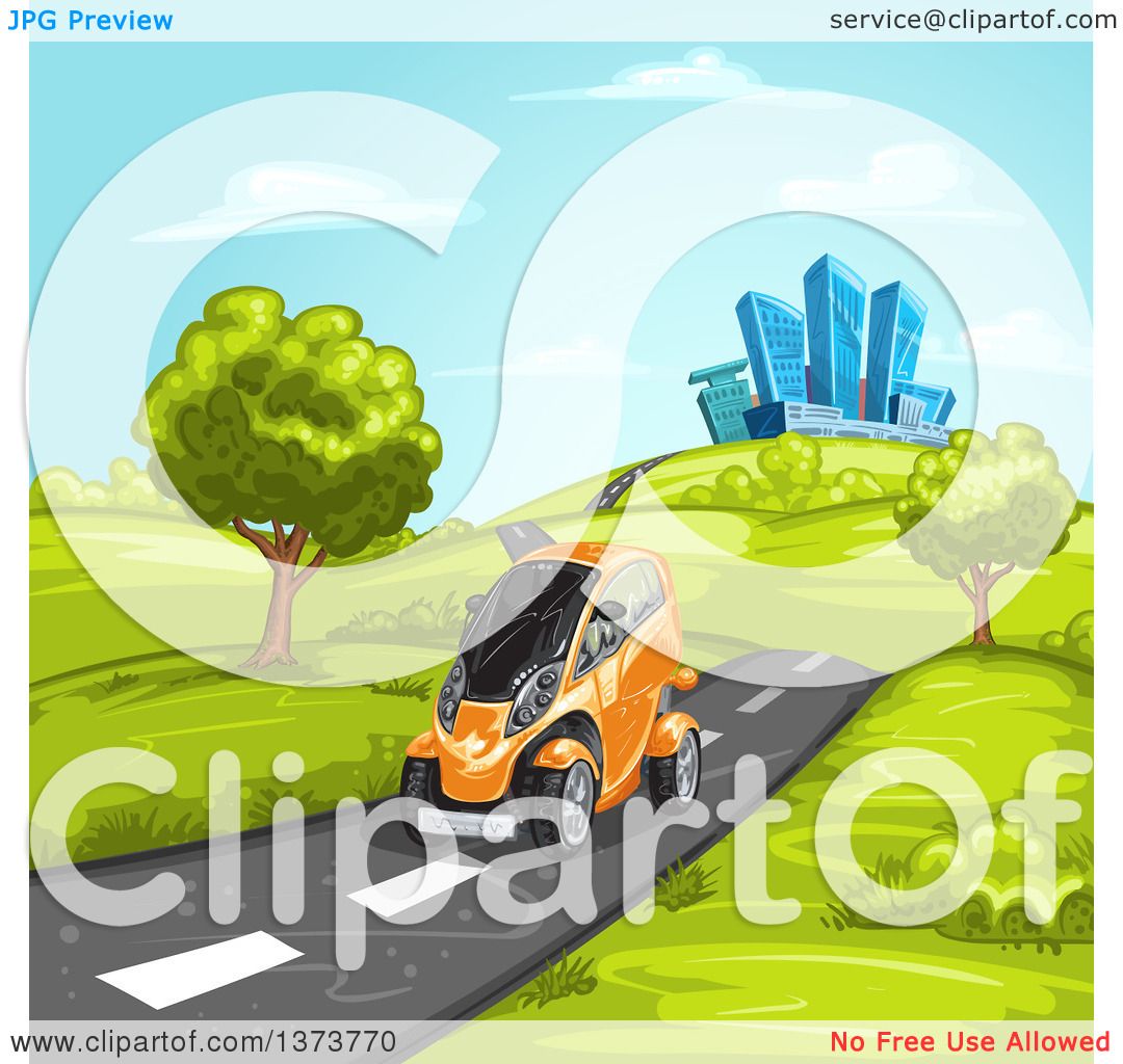 Clipart of a Futuristic Orange Mini Car Driving on a Rural Road.