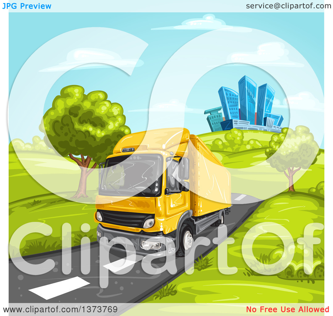 Clipart of a Yellow Big Rig Truck Driving on a Rural Road with a.