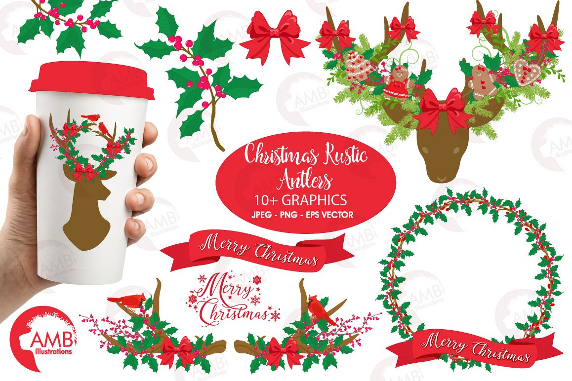 Christmas Rustic Antlers clipart, graphics and illustratins AMB.