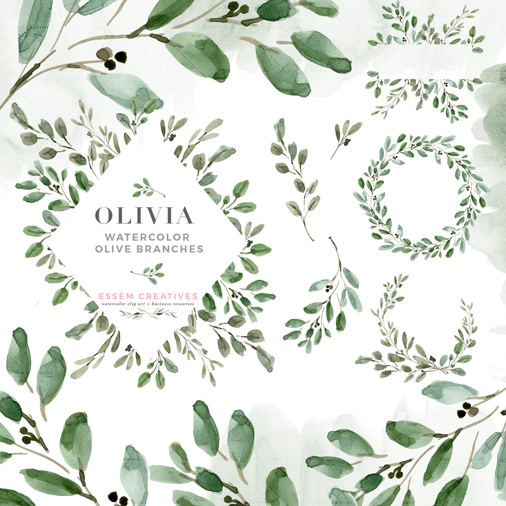 Watercolor Olive Branch Leaves Clipart, Rustic Laurel Wreath Clipart,  Greenery Wedding Invitation.