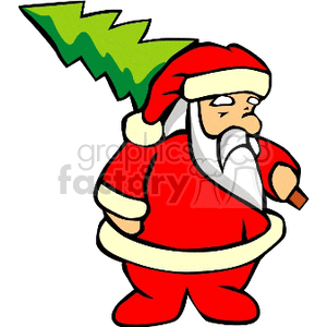 Tired Santa Claus Carrying a real Christmas Tree clipart. Royalty.