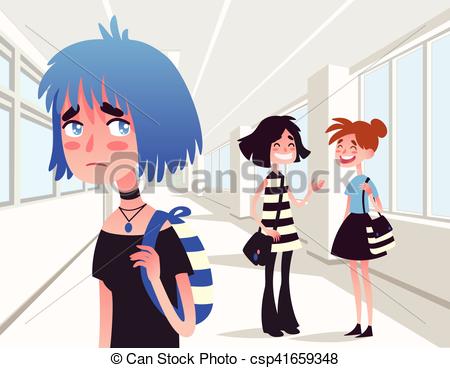 EPS Vector of Sad lonely girl looking at two school friends.