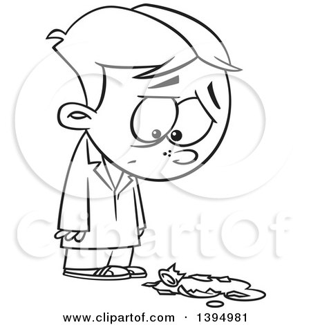 Clipart of a Cartoon Black and White Boy Looking down Sadly at a.