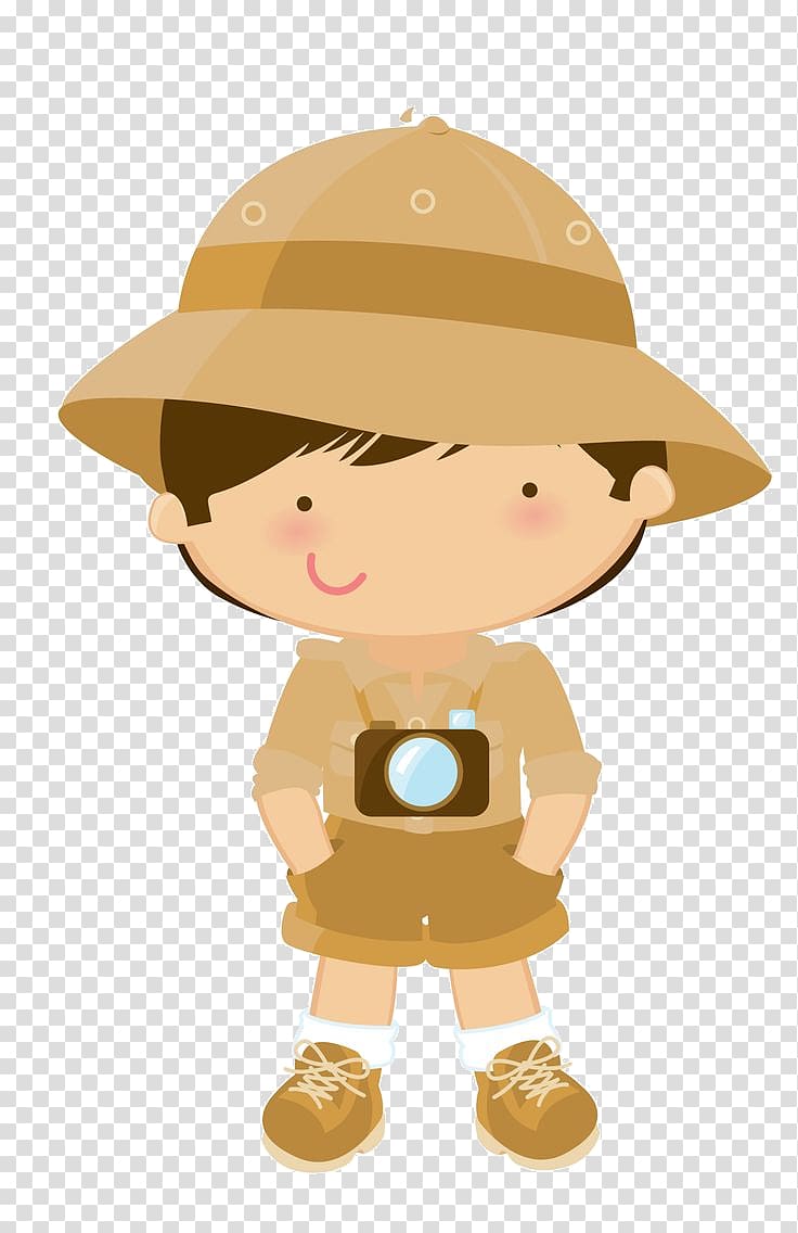Boy wearing brown hat and suit with camera illustration.