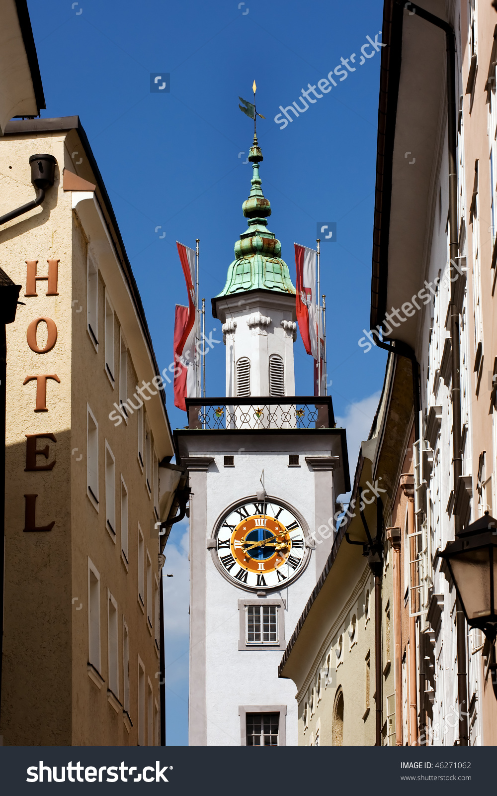 Clock Tower Of Old Town Hall In Salzburg Stock Photo 46271062.