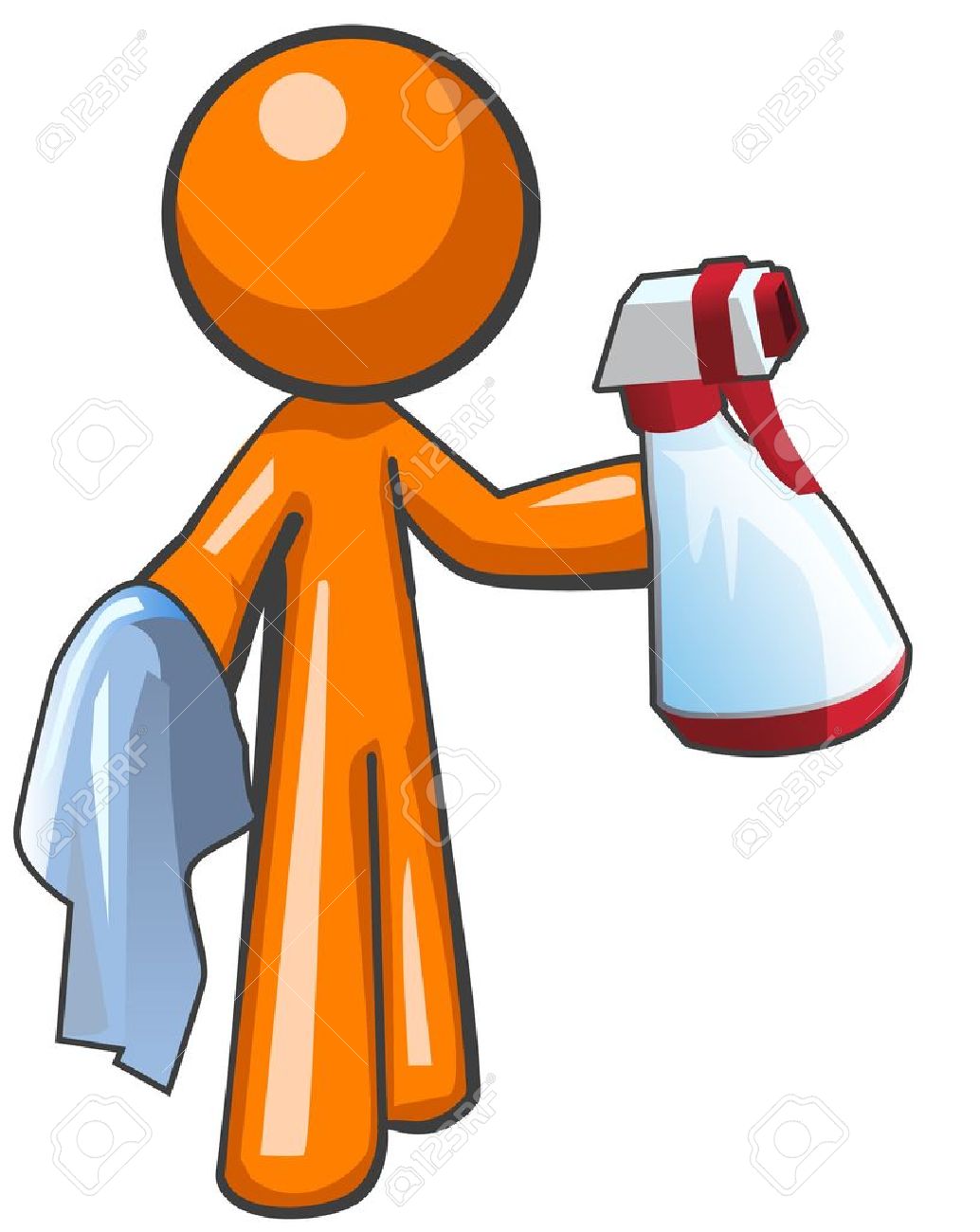 Orange Man With A Sanitation Spray Bottle And Cloth, Ready To.