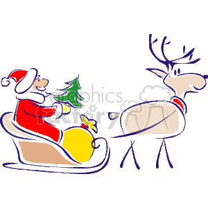 Santa Claus in His Sleigh Holding a Christmas Tree clipart. Royalty.