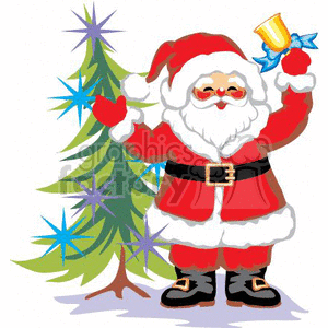 Happy Santa Claus Ringing a Bell By a Decorated Christmas Tree clipart.  Royalty.