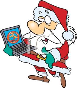 Cartoon of Santa Claus Holding a Laptop.