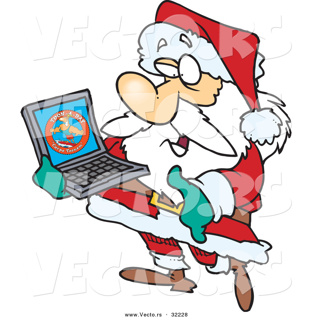 Cartoon Vector of a Santa Carrying a Laptop Computer by.