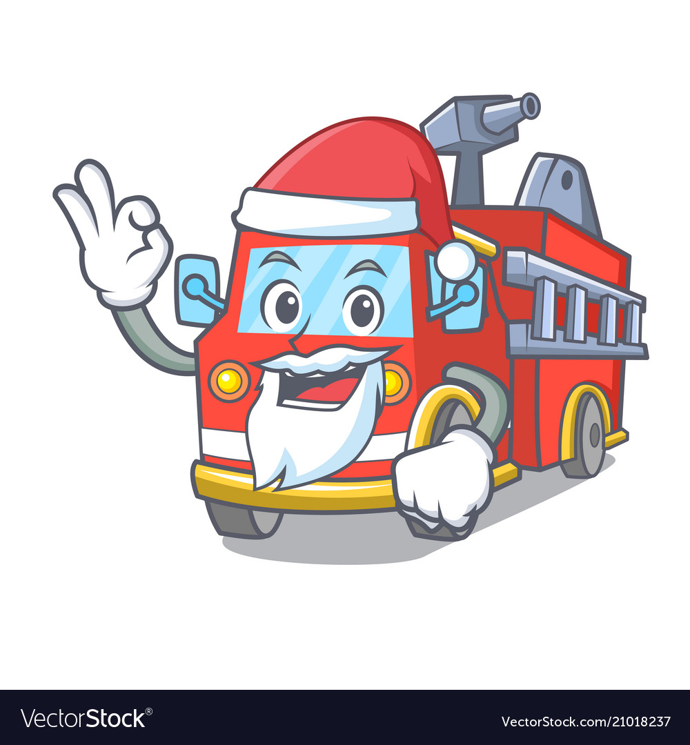 Santa fire truck mascot cartoon.