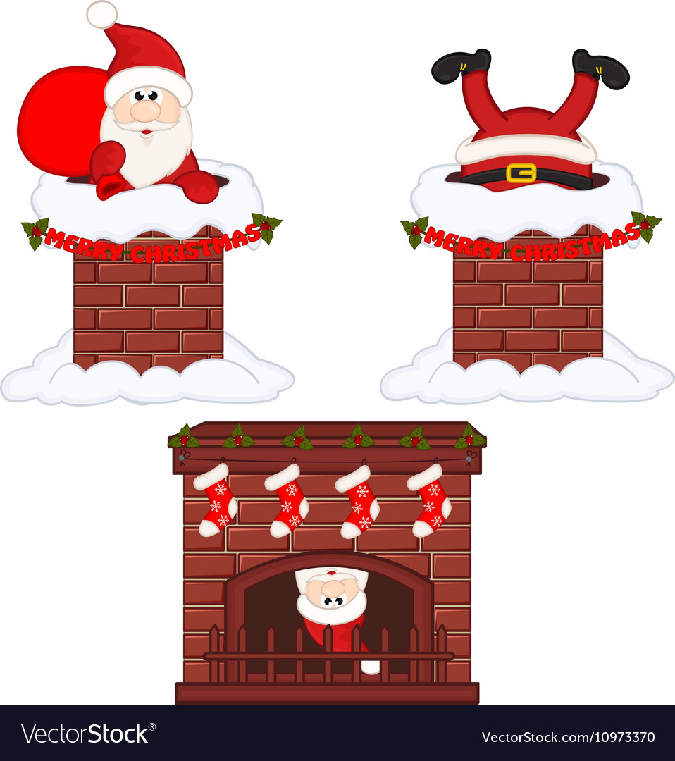 Santa Claus inside chimney and fireplace.