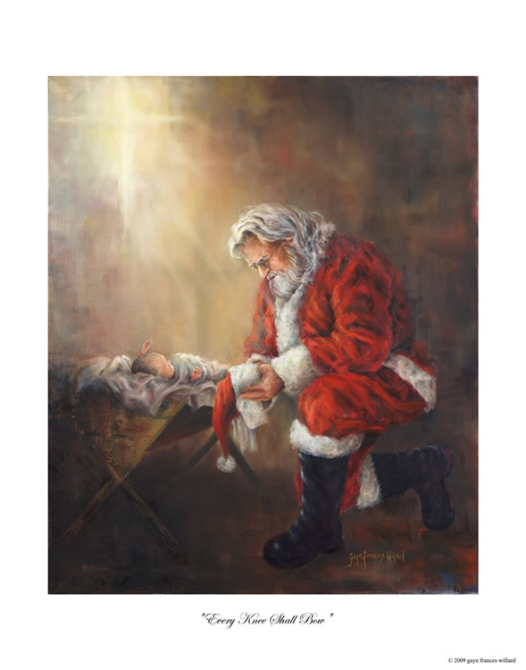 coloring picture of santa kneeling at the manger.