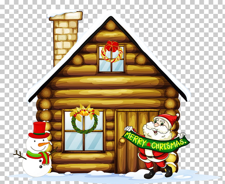 Transparent Christmas House with Santa and Snowman , brown.