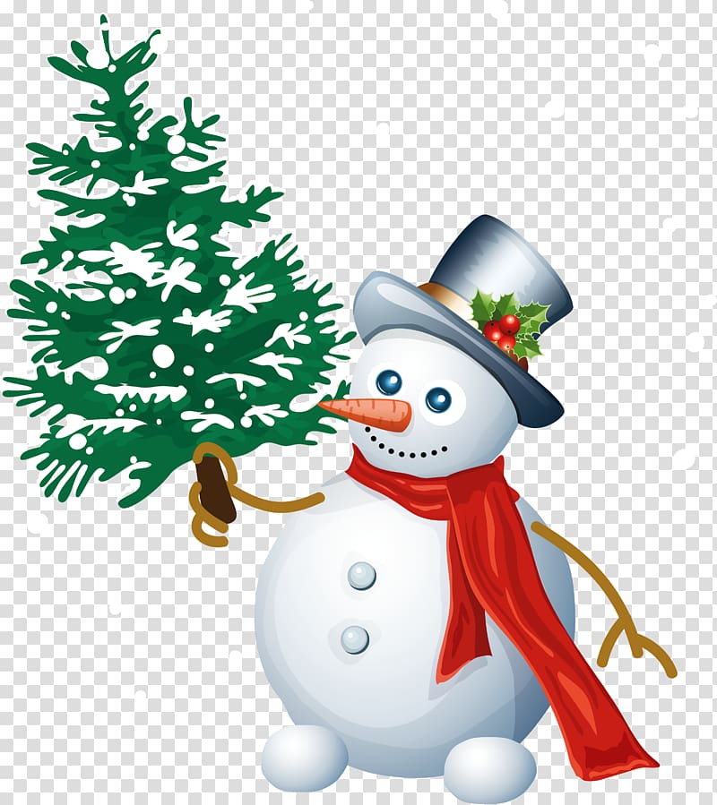 Snowman holding Christmas tree illustration, Snowman.