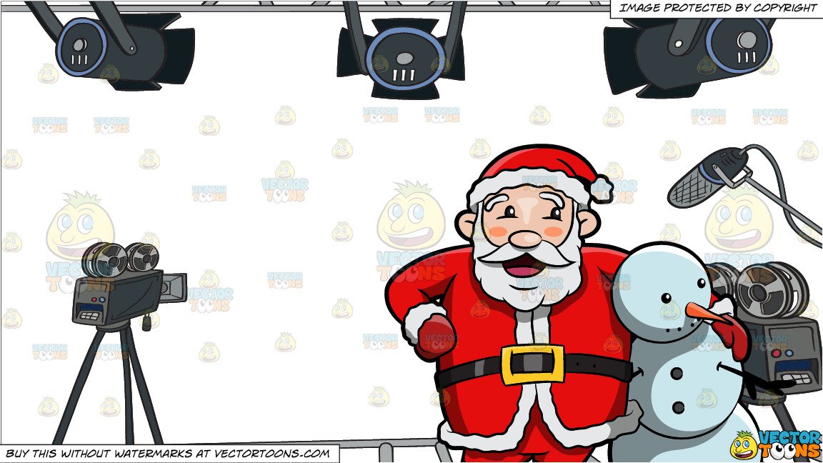 Santa Claus Hugging A Snowman and Video Studio Background.
