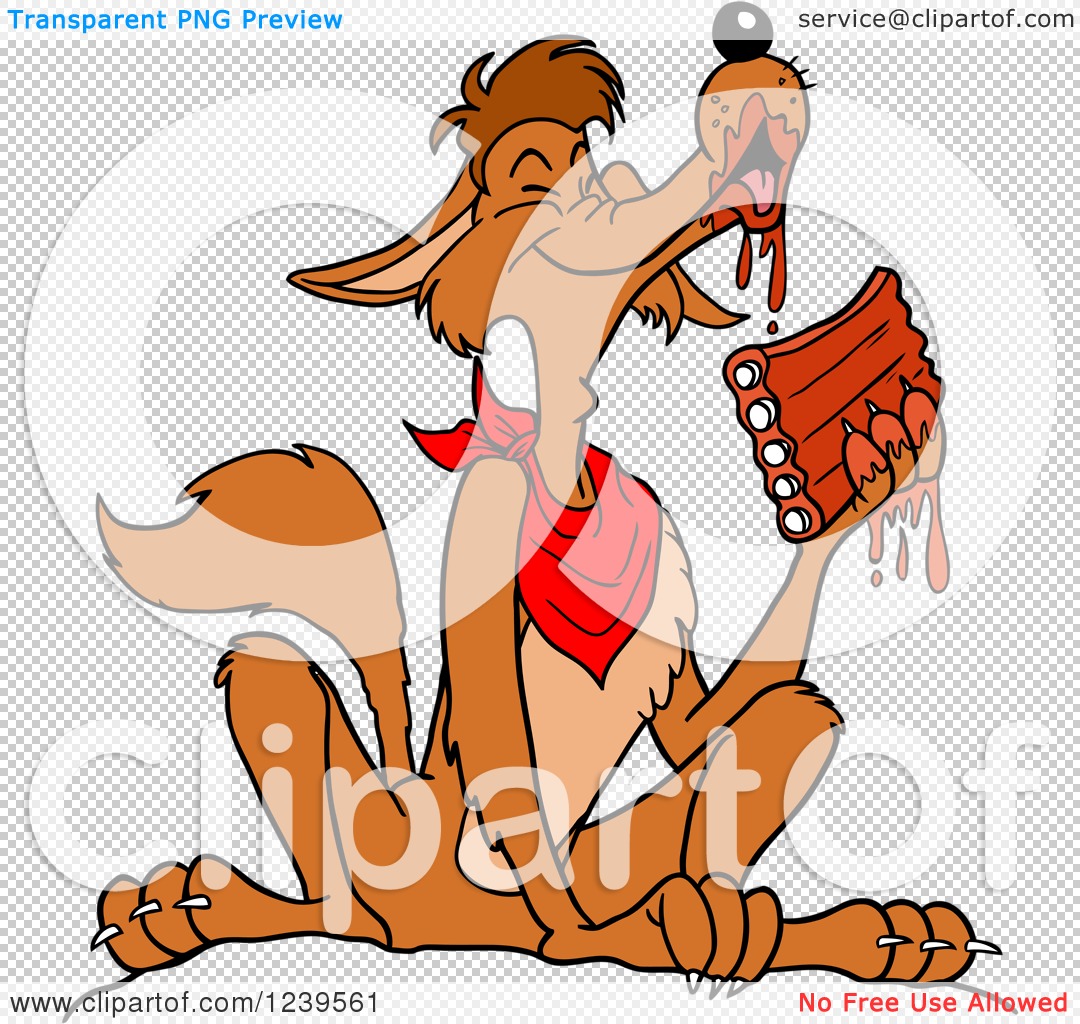 Clipart of a Coyote Wearing a Bib and Eating Saucy Bbq Ribs.