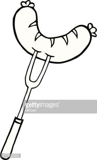 Black and White Fork With Sausage Clipart Image.
