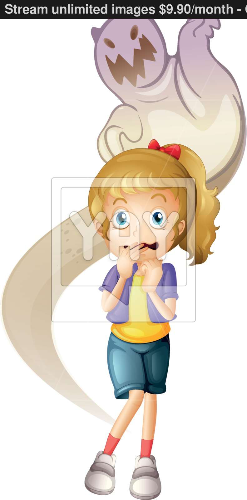A scared young girl with a ghost at her back vector.
