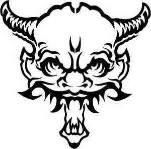 SCARY LOOKING DEVIL FACE WITH HORNS CAR DECAL STICKER.