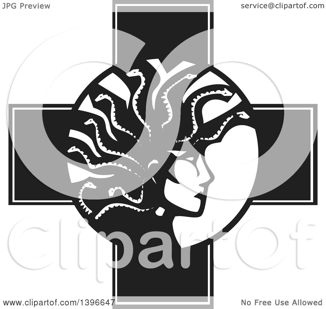Clipart of a Black and White Woodcut Profiled Medusa with Her.