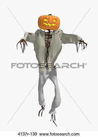 Stock Photograph of Scary pumpkin man wearing a shirt and pants.