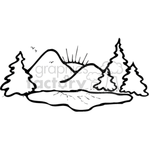 Black and white sunrise scenery clipart. Royalty.