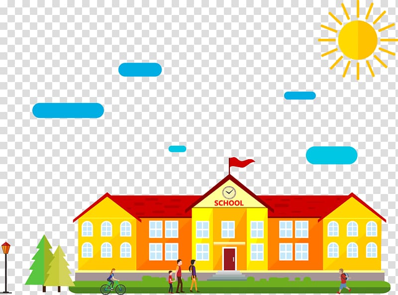 Yellow and red school building , Schoolyard Cartoon Drawing.