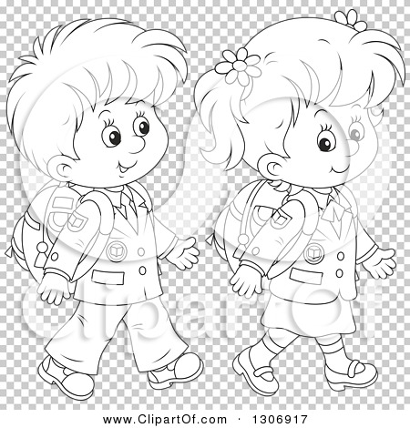 Lineart Clipart of Cartoon Black and White Happy School Children.