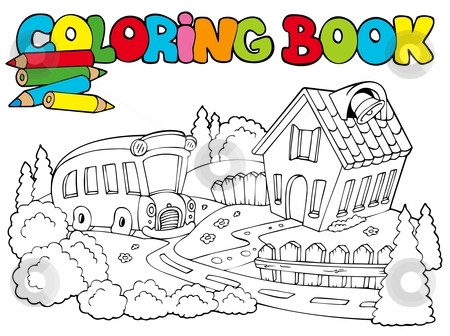 Coloring book with school and bus stock vector.